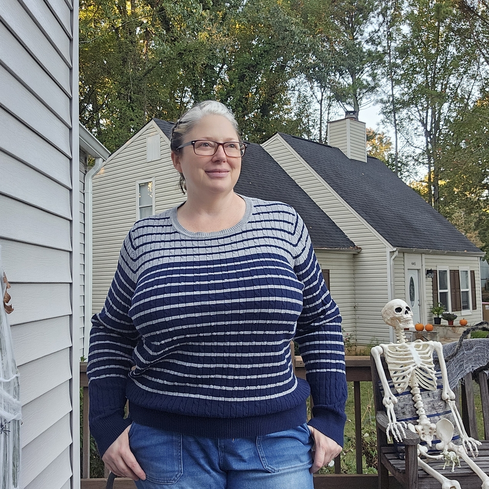 Kim Rogers Navy and Gray Striped Sweater